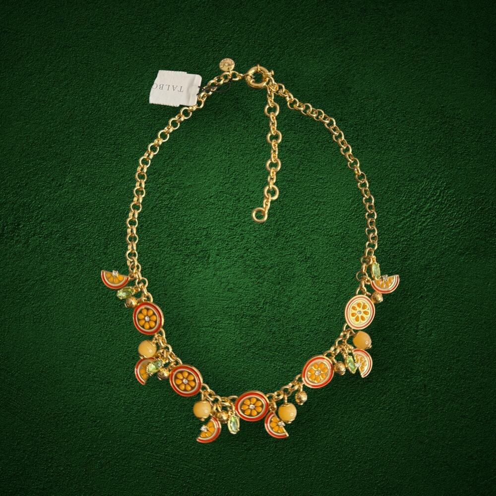 Talbots Citrus Orange Slice Charm Statement Necklace Enamel Crystal 18-21in